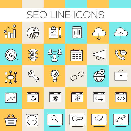 Thin line SEO icons on colored squaresのイラスト素材