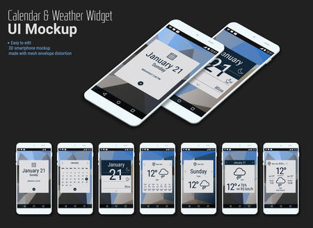 Flat design responsive calendar mobile app widgets UI designs, smartphone mockups with trendy polygonal backgrounds, with 3d isometric versionsのイラスト素材