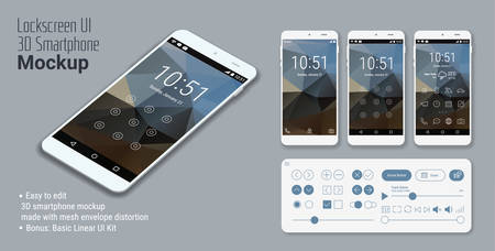 3d isometric flat design lockscreen mobile UI mock up, with triangular abstract geometric landscape background and basic linear UI kitのイラスト素材
