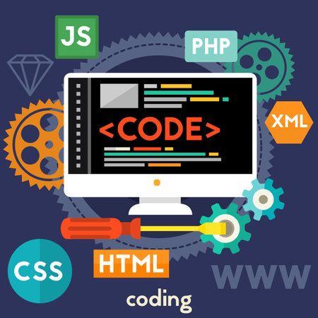 Coding concept banner. Square composition, vector illustration
