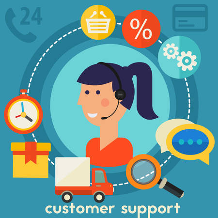 Customer Support concept banner. Square composition, vector illustrationのイラスト素材