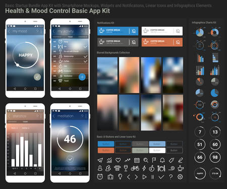 Flat design responsive Health and Mood Control UI mobile app template with trendy blurred backgrounds, smartphone mockups, notificatons, infographics charts kit and linear ui icons collectionのイラスト素材