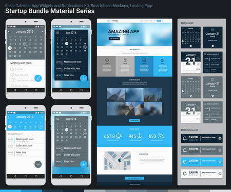 Material design responsive pixel perfect UI mobile calendar app, widgets and notifications kit, smartphone mockups and website landing page template with trendy blurred header background. Startup Bundle Material Seriesのイラスト素材