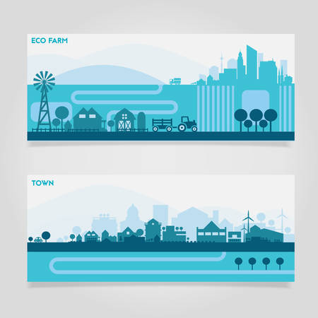 Vector horizontal banners skyline Kit with various parts of city - factories, refineries, power plants and small towns or suburbs. Illustration divided on layers for create parallax effectのイラスト素材