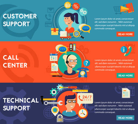 Customer and Technical Support and Call Senter concept banners. Flat style vector illustration online web bannersのイラスト素材