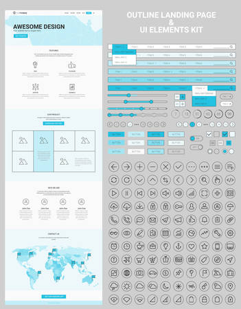 Responsive landing page or one page website and UI buttons, bars, charts, navigation elements and line UI icons collectionのイラスト素材