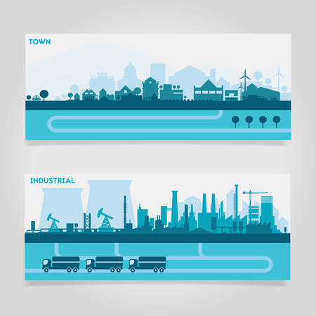 Vector horizontal banners skyline Kit with various parts of city - factories, refineries, power plants and small towns or suburbs. Illustration divided on layers for create parallax effectのイラスト素材