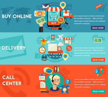 Call Center, Online Shopping and Delivery concept banners. Flat style vector illustration online web bannersのイラスト素材
