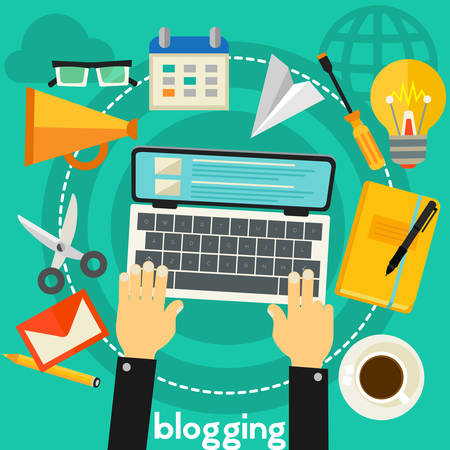 Blogging concept banner. Square composition, vector illustrationのイラスト素材
