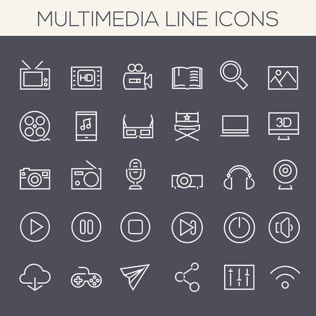 Thin line multimedia icons on colored squaresのイラスト素材
