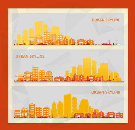 Cityscape sets with various parts of a city. Small towns or suburbs and downtown silhouettes. Illustration divided on layers for create parallax effectのイラスト素材