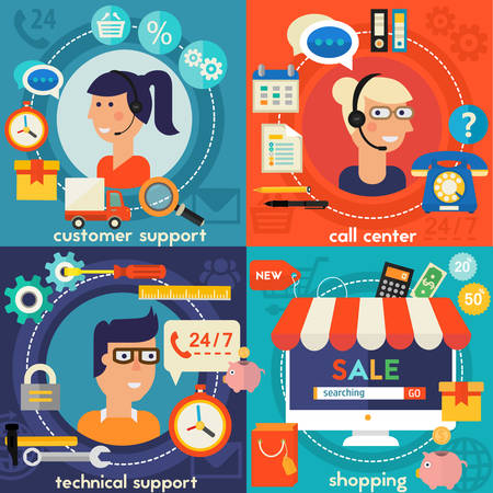 Customer and Technical Support and Call Senter concept banners. Flat style vector illustration online web bannersのイラスト素材