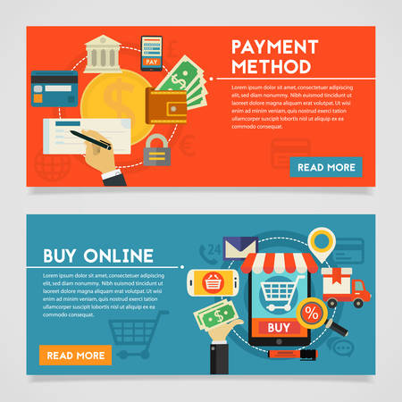 Payment Methods and Online Shopping concept banners. Flat style illustration online web bannersのイラスト素材