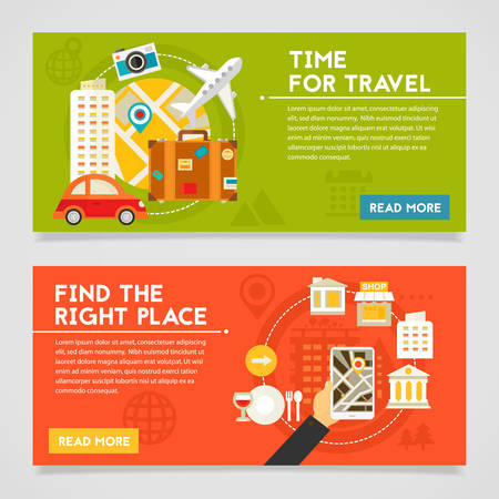 Time for travel and Find the right place concept banners. Horizontal composition, vector illustrationsのイラスト素材