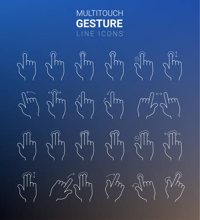 Flat design outline thin stroke modern cartoon style multitouch gesture hand icons collection, on trendy blurred backgroundのイラスト素材