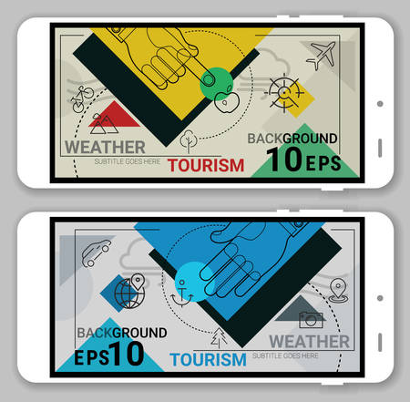 Weather, Travel and Tourism website header trendy line geometrical material background. Line bold design vector illustration online web banner with smartphone mockupsのイラスト素材