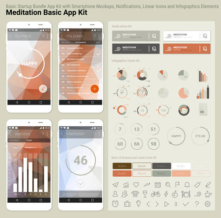 Flat design responsive Meditation UI mobile app template with trendy polygonal backgrounds, smartphone mockups, notificatons, infographics charts kit and linear ui icons collectionのイラスト素材