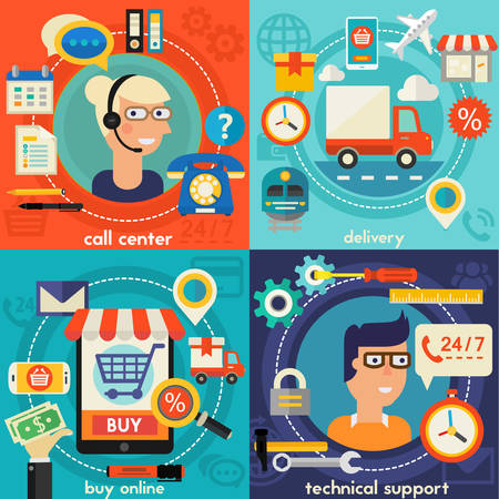 Online Shopping, Customer and Technical Support and Call Senter concept banners. Flat style vector illustration online web bannersのイラスト素材