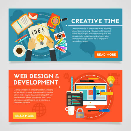 Creative Time and Webdesign and Development concept banners. Horizontal composition, vector illustrationsのイラスト素材
