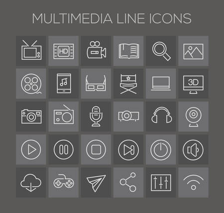 Trendy line icons - Multimedia icons on darkのイラスト素材