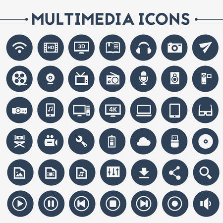 Trendy flat design big Multimedia icons set on round buttonsのイラスト素材
