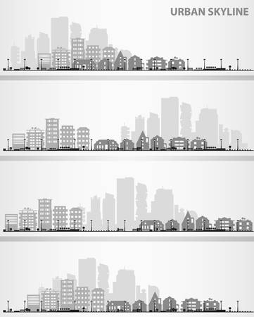 Cityscape sets with various parts of a city. Small towns or suburbs and downtown silhouettes. Illustration divided on layers for create parallax effectのイラスト素材