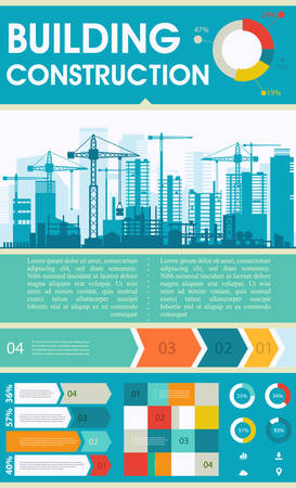 Construction illustration for websites. City skyline construction background with step and infographics elementsのイラスト素材