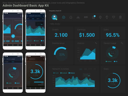 Flat design responsive Management and Administration Dashbord UI mobile app template on trendy subtle blurred background, with smartphone mockups and infographics charts kitのイラスト素材