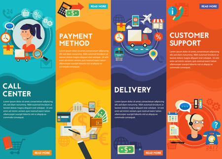 Customer Support, Call Senter, Payment Methods and Delivery concept banners. Flat style vector illustration online web bannersのイラスト素材
