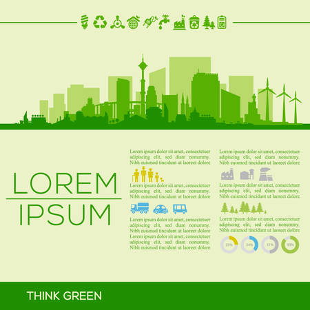 Vector ecological illustration with downtown district and infographicsのイラスト素材
