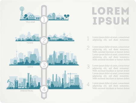 Abstract stylish cityscape infographics. Infographics elements collection with town, city, farm and industrial districtsのイラスト素材