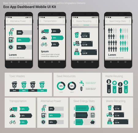 Flat design Management and Administration Dashbord Eco New Energy inforgraphics UI mobile app template on trendy subtle blurred background, with smartphone mockups and infographics charts kitのイラスト素材