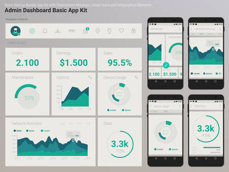 Flat design responsive Management and Administration Dashbord UI mobile app template on trendy subtle blurred background, with smartphone mockups and infographics charts kitのイラスト素材