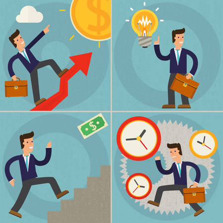 concept cartoon character illustrations businessman running against time, running on up arrow, climbs a ladder of sucsess and having a new ideaのイラスト素材