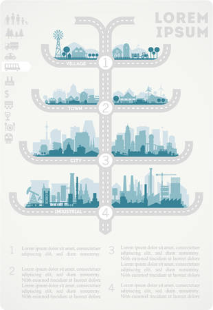Abstract stylish cityscape infographics. Infographics elements collection with town, city, farm and industrial districtsのイラスト素材
