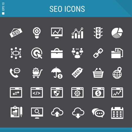 Basic flat design SEO icons collection, on black backgroundのイラスト素材