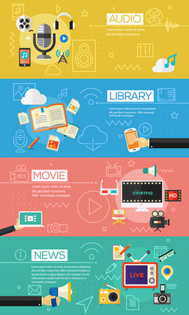 Flat concept banners. Audio production and podcast, e-ibrary and distance learning, video production and motion graphic, news and reports concept.のイラスト素材