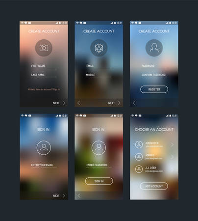 Trendy responsive mobile UI templates of login and registration mobile app template with trendy blurred backgroundsのイラスト素材