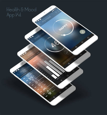Flat design responsive Health and Mood Control UI mobile app template with trendy blurred backgrounds and 3d smartphone mockupsのイラスト素材