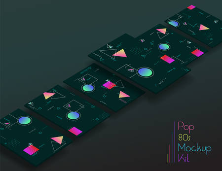 3d trendy mobile smartphone abstract background wallpaper screens kit, for startups and apps, with new retro 80s - 90s style designのイラスト素材