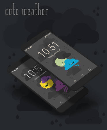 Weather mobile app mockups with funny cute cartoon emojis characters, wih 3d view smartphonesのイラスト素材