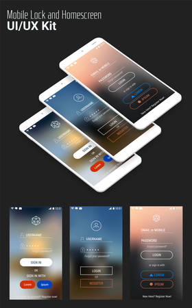 Trendy 3d responsive mobile UI app templates of login and registration with trendy blurred backgrounds and smartphone mockupsのイラスト素材