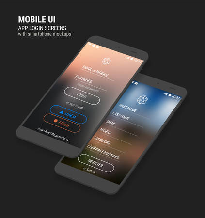 Trendy 3d responsive mobile UI app templates of login and registration with trendy blurred backgrounds and smartphone mockupsのイラスト素材