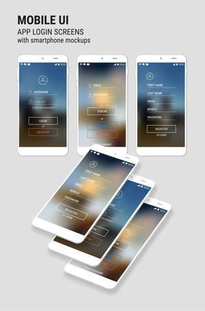 Trendy 3d responsive mobile UI app templates of login and registration with trendy blurred backgrounds and smartphone mockupsのイラスト素材