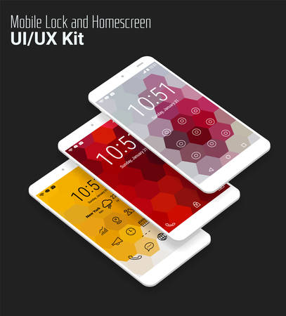 3d isometric flat design lockscreen mobile UI mock up, with hexagonal abstract geometric landscape backgroundのイラスト素材