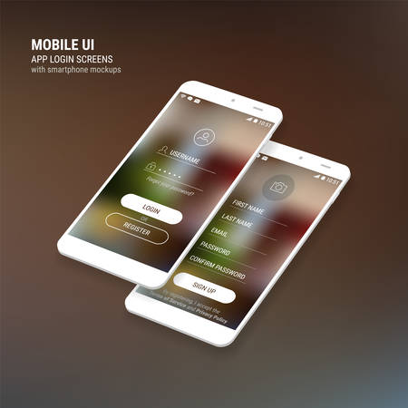 Trendy 3d responsive mobile UI app templates of login and registration with trendy blurred backgrounds and smartphone mockupsのイラスト素材