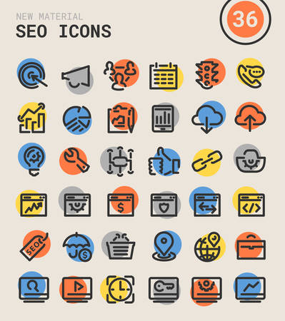 Trendy bold linear SEO icons in bright colored retro 80s, 90s styleのイラスト素材