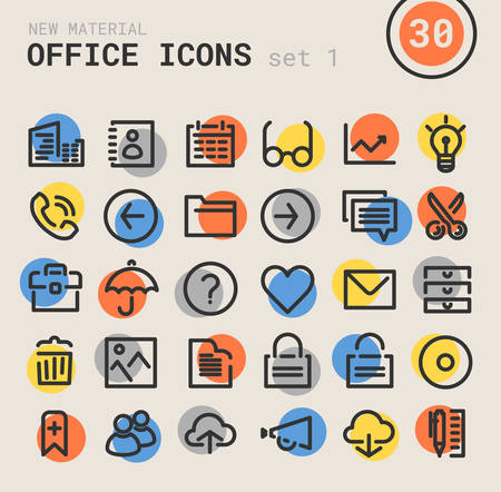 Trendy bold linear office icons in bright colored retro 80s, 90s style, set 1のイラスト素材