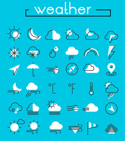 Vector set of trendy inline bold weather icons, white on blueのイラスト素材