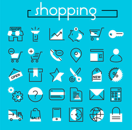 Vector set of trendy inline bold shopping icons, white on blueのイラスト素材